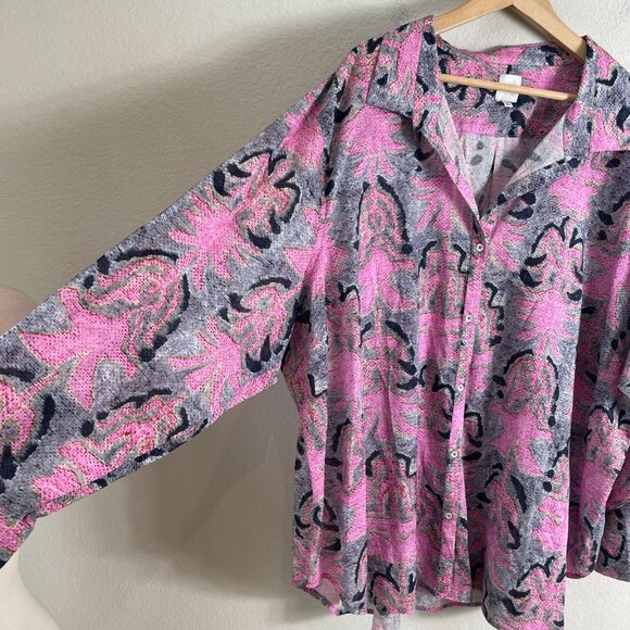 Nic+Zoe Womens Plus 3X Button Up Shirt Pink Gray Long Sleeve Blouse Top - Picture 9 of 10